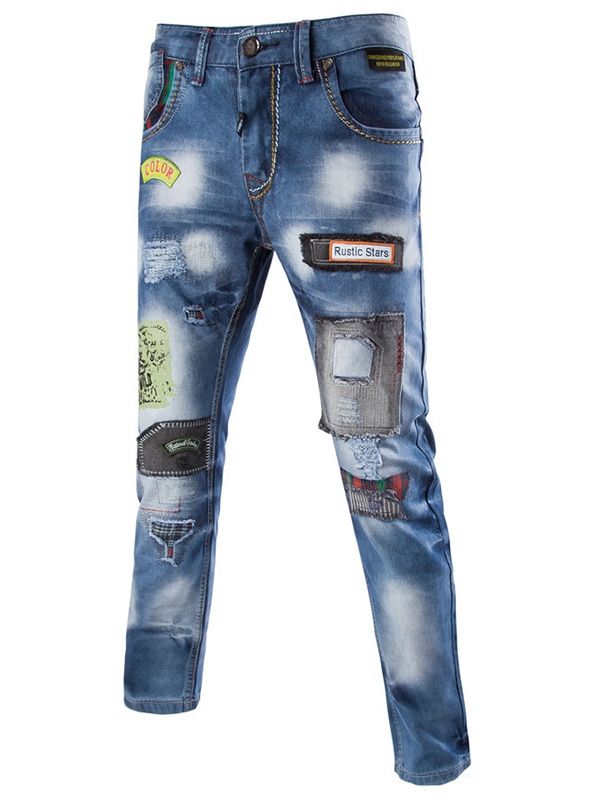 Jeans En Denim Pour Hommes Avec Patchwork De Style Streetwear Décontracté