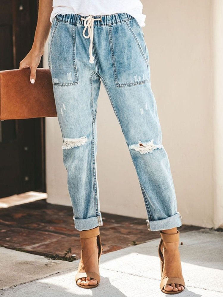 Jeans Élastiques À Poche Unie À Lacets Pour Femmes