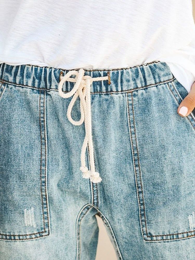 Jeans Élastiques À Poche Unie À Lacets Pour Femmes