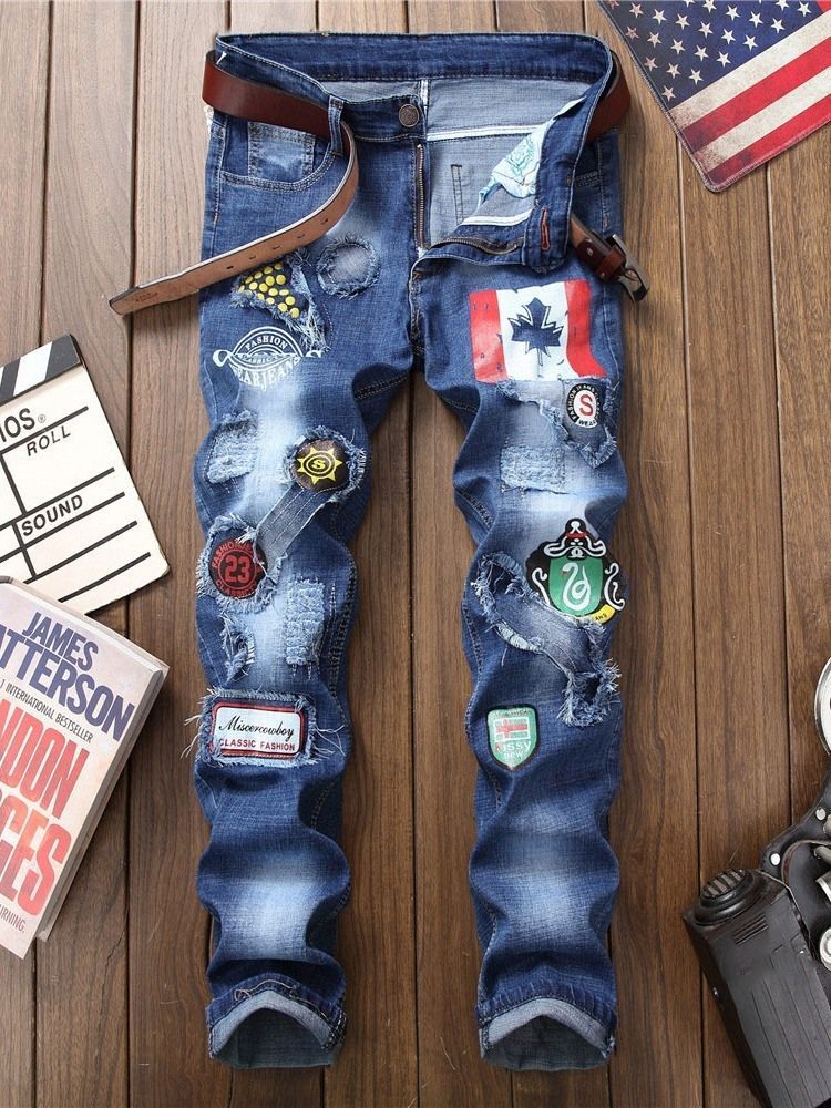 Jeans Européen À Fermeture Éclair Droite Avec Appliques Pour Hommes