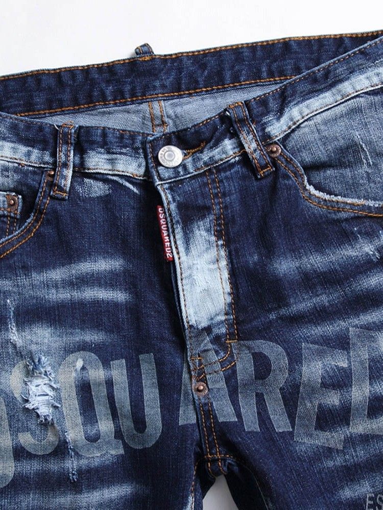 Jeans Pour Femmes À Lettres Européennes Avec Bouton Droit Usé Pour Hommes