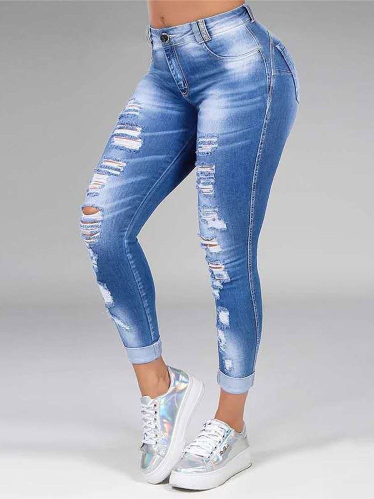 Jeans Pour Femmes À Taille Moyenne Et À Fermeture Éclair Unie Droite