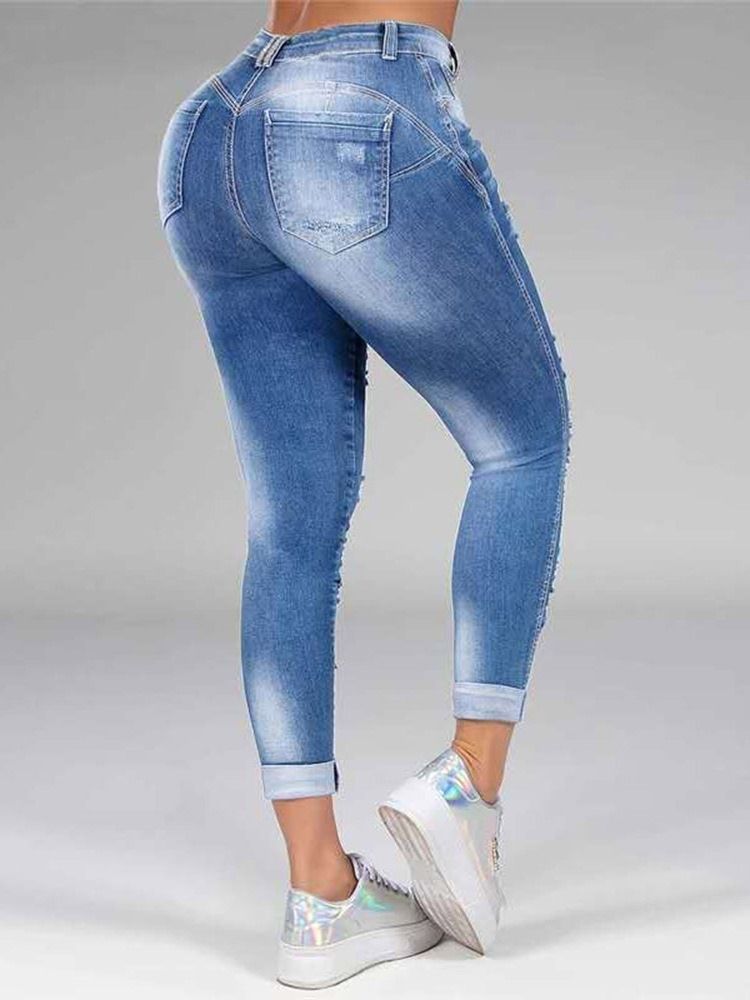 Jeans Pour Femmes À Taille Moyenne Et À Fermeture Éclair Unie Droite