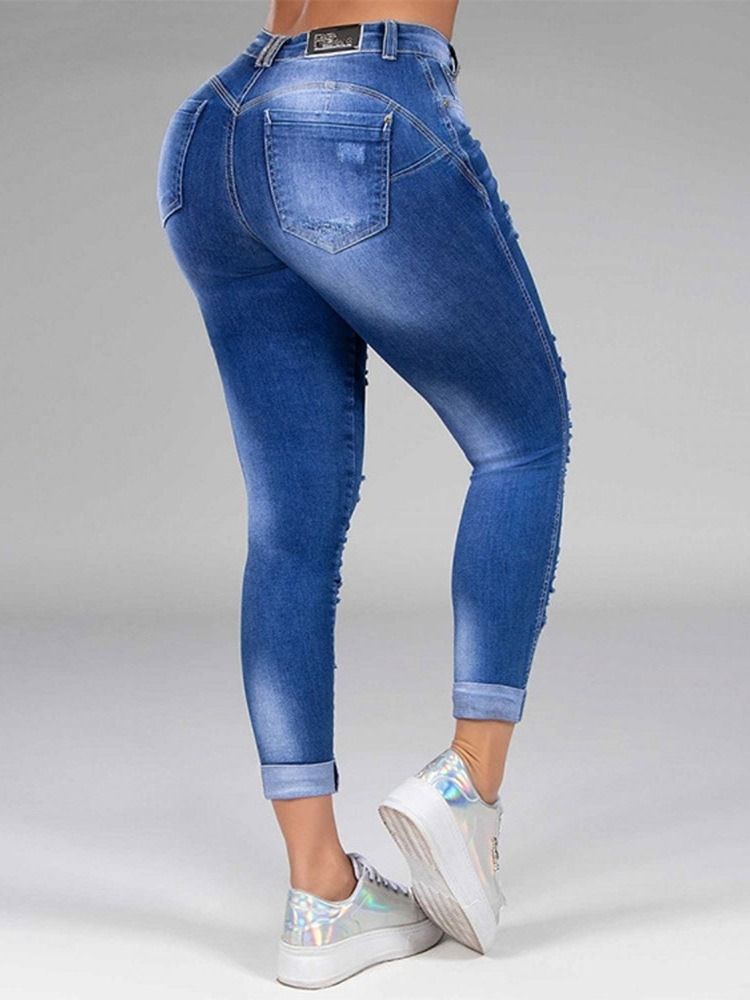 Jeans Pour Femmes À Taille Moyenne Et À Fermeture Éclair Unie Droite