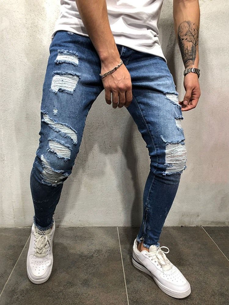 Jeans À Fermeture Éclair Pour Hommes À Taille Moyenne Et À Blocs De Couleurs