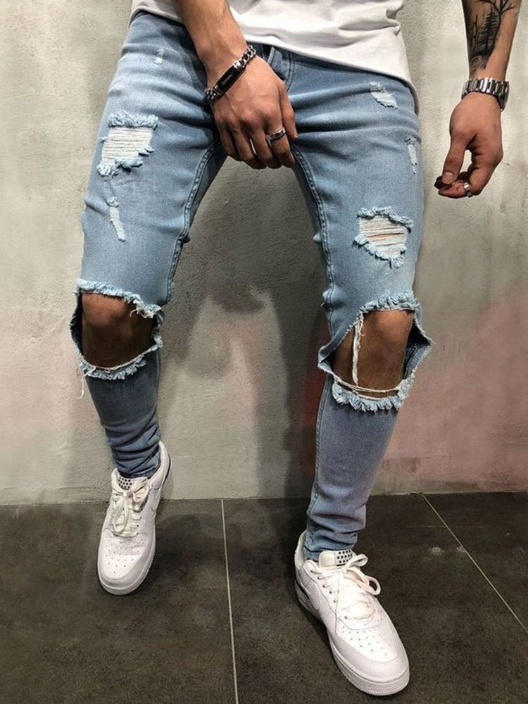 Jeans À Fermeture Éclair À Taille Basse Et Trou Mince Pour Hommes