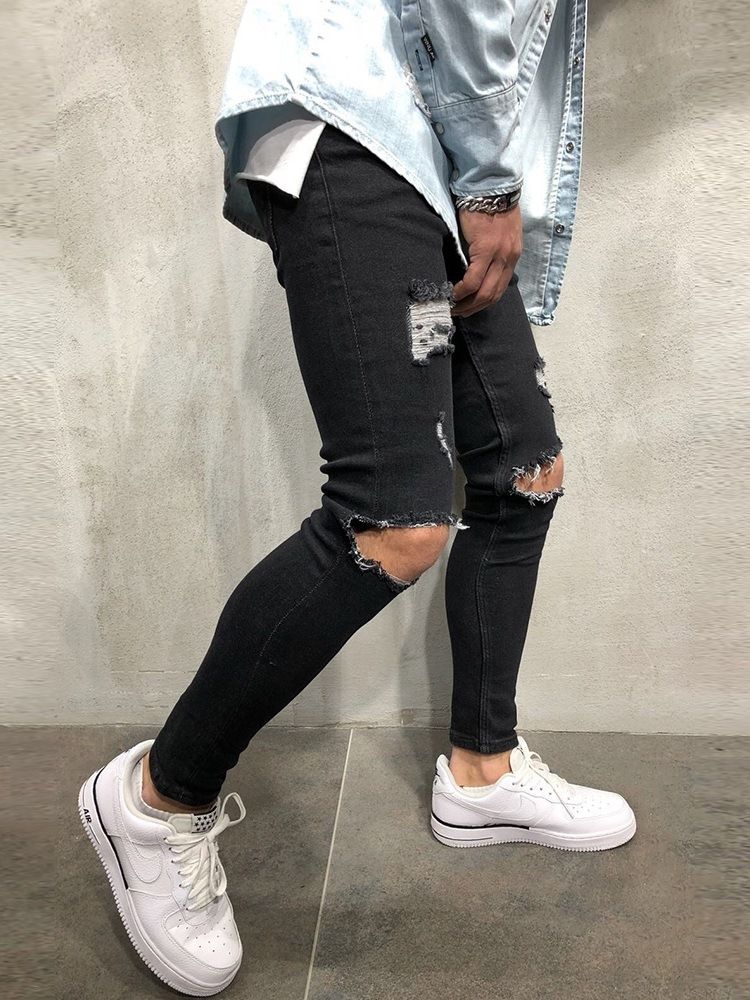 Jeans À Fermeture Éclair À Taille Basse Et Trou Mince Pour Hommes