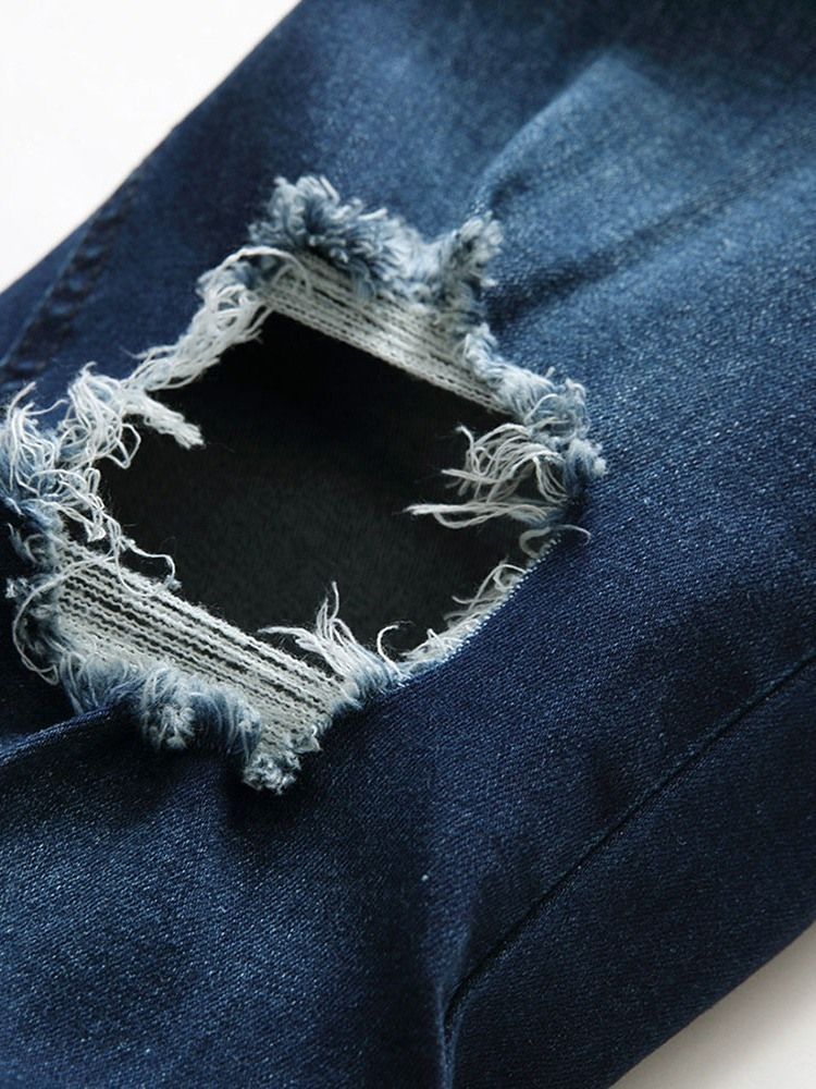 Jeans À Fermeture Éclair À Taille Moyenne Et Trou Unie Pour Hommes