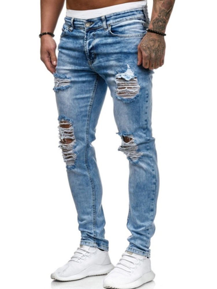 Jeans Hole Plain Zipper Taille Moyenne Pour Hommes