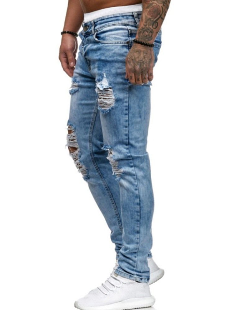 Jeans Hole Plain Zipper Taille Moyenne Pour Hommes