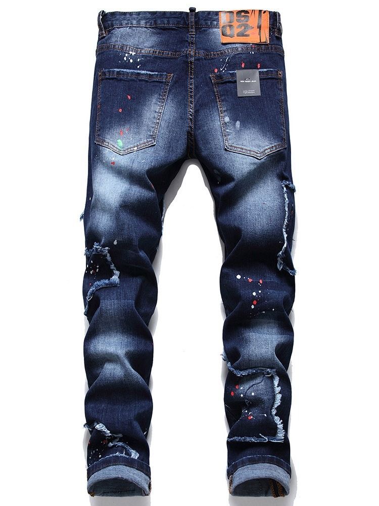 Jeans Pour Hommes Avec Bouton Taille Moyenne Et Trou