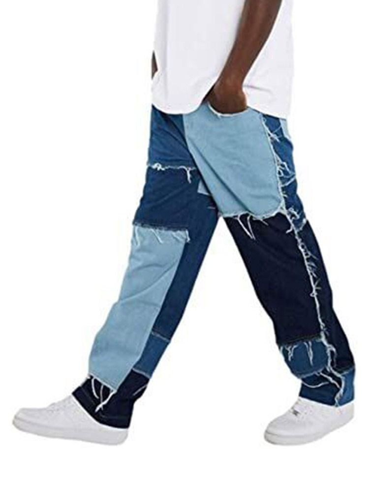 Jeans Pour Hommes Avec Patchwork Et Patchwork De Couleur Hip Hop