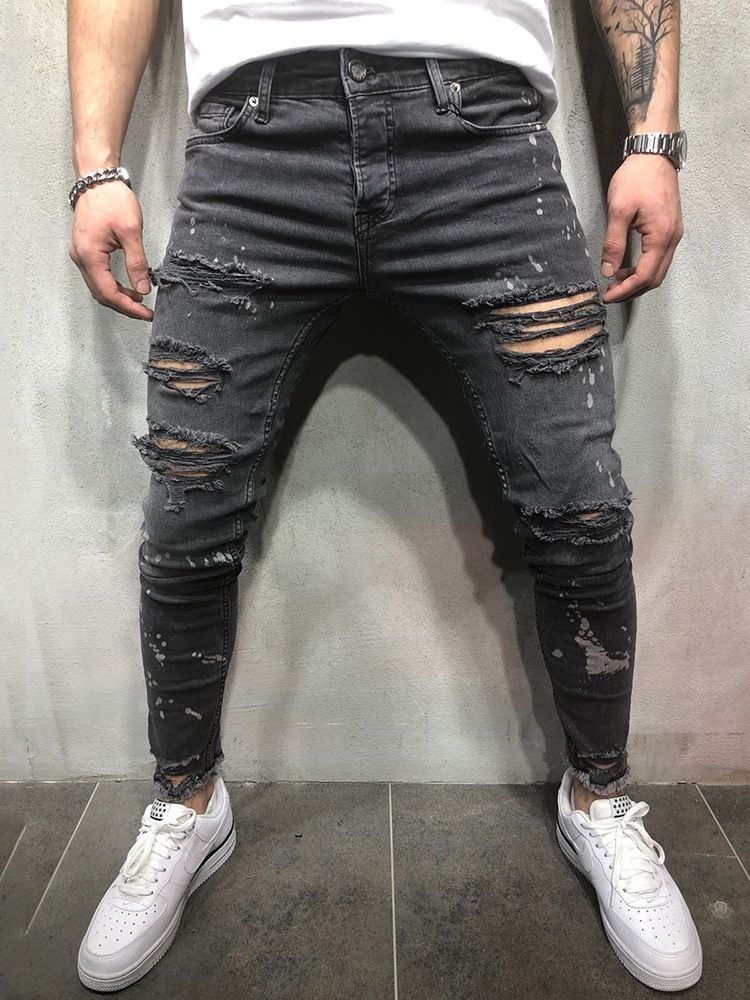 Jeans Pour Hommes Décontractés À Taille Moyenne Avec Trou De Crayon