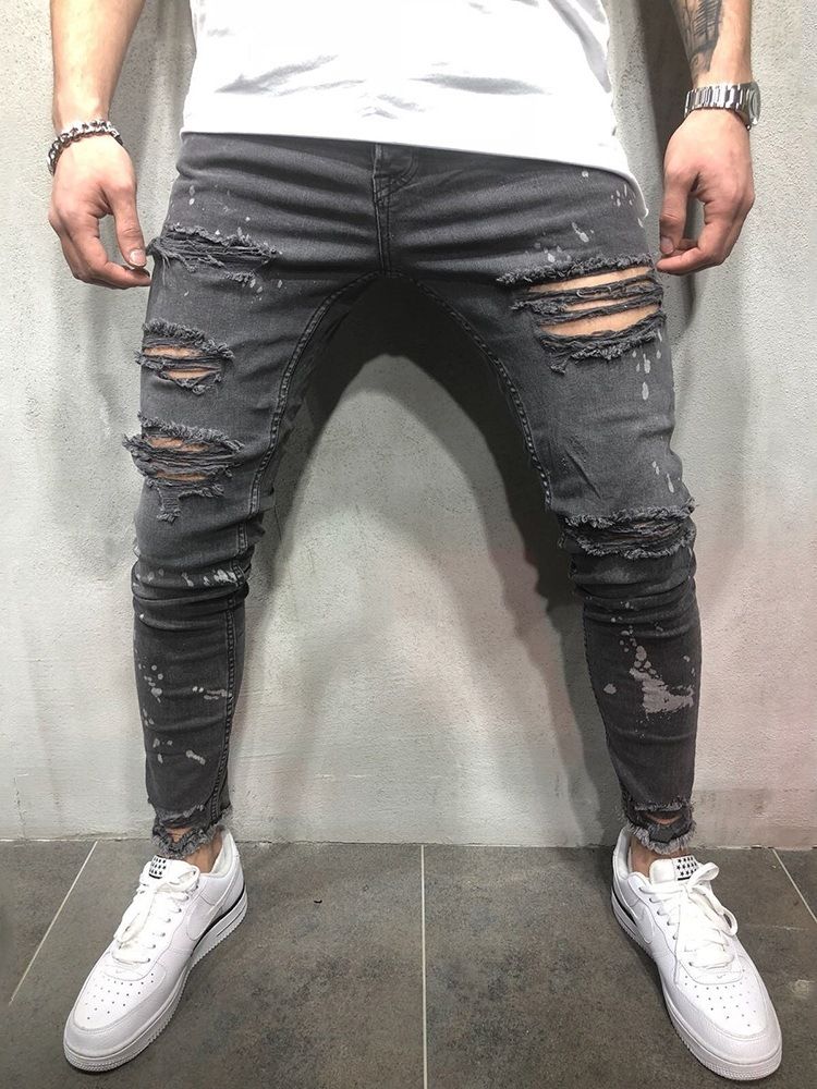 Jeans Pour Hommes Décontractés À Taille Moyenne Avec Trou De Crayon