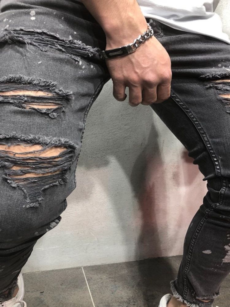 Jeans Pour Hommes Décontractés À Taille Moyenne Avec Trou De Crayon