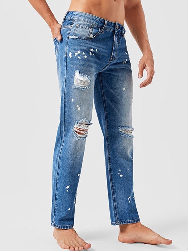 Jeans Pour Hommes À Fermeture Éclair À Taille Moyenne Et À Blocs De Couleurs