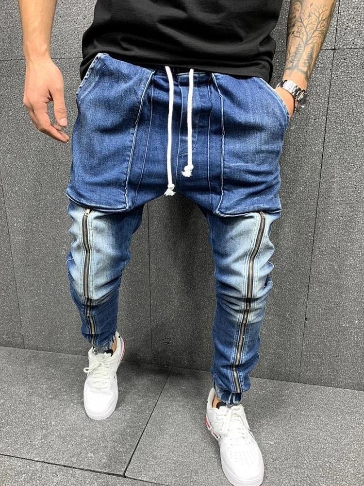 Jeans Pour Hommes Hip Hop À Lacets Avec Poche