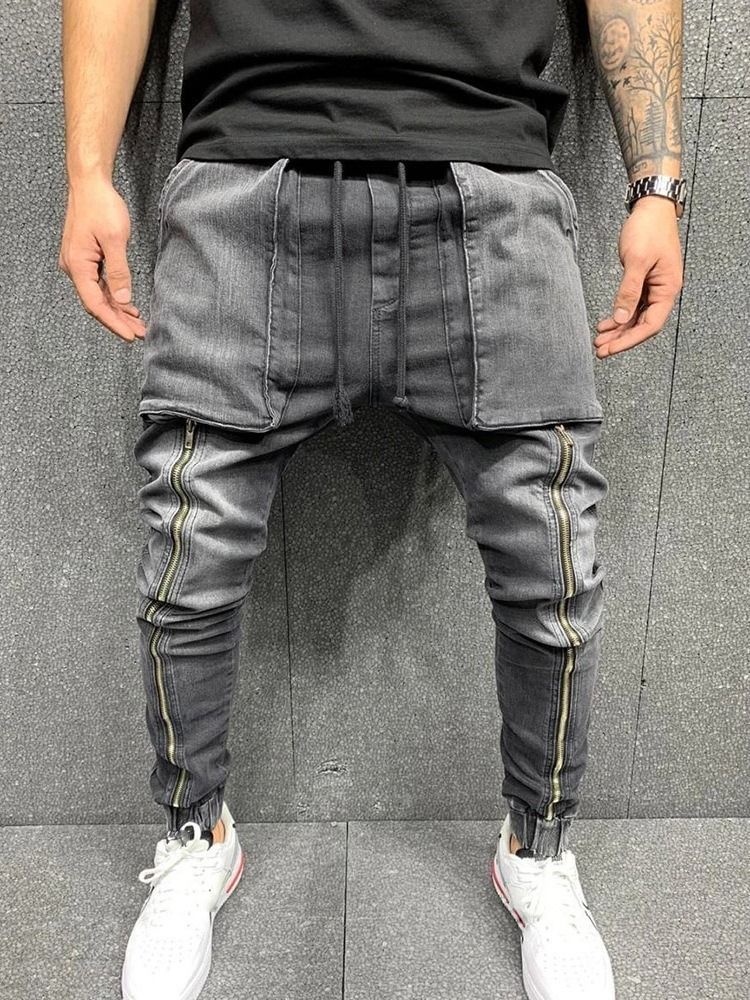 Jeans Pour Hommes Hip Hop À Lacets Avec Poche