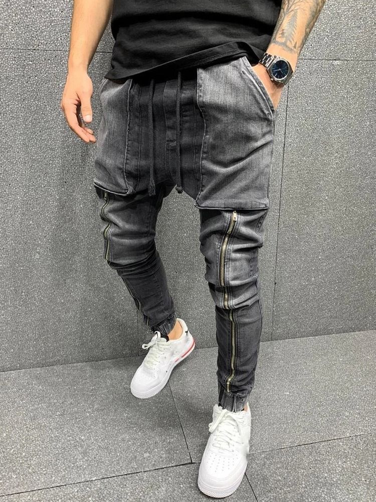 Jeans Pour Hommes Hip Hop À Lacets Avec Poche