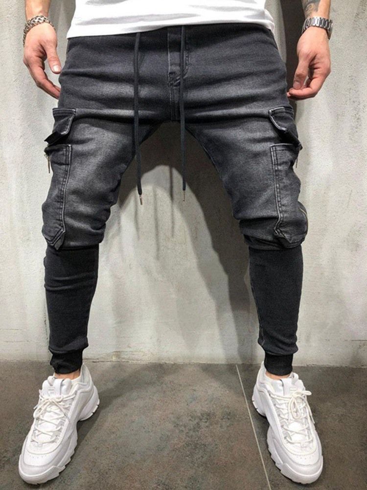 Jeans Pour Hommes De Style Décontracté À Lacets Avec Poches Et Blocs De Couleurs