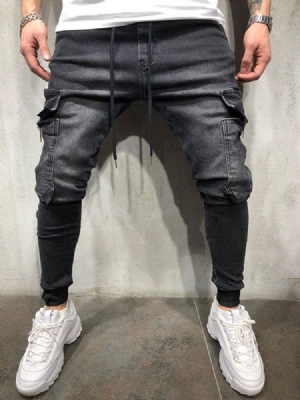 Jeans Pour Hommes De Style Décontracté À Lacets Avec Poches Et Blocs De Couleurs