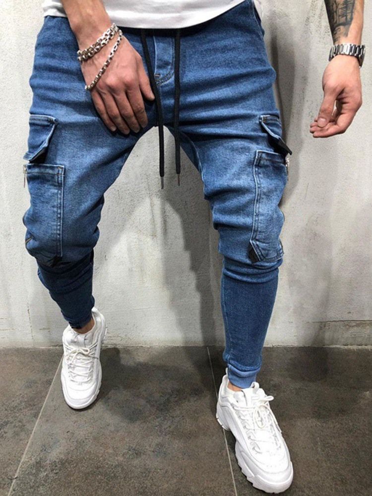 Jeans Pour Hommes De Style Décontracté À Lacets Avec Poches Et Blocs De Couleurs