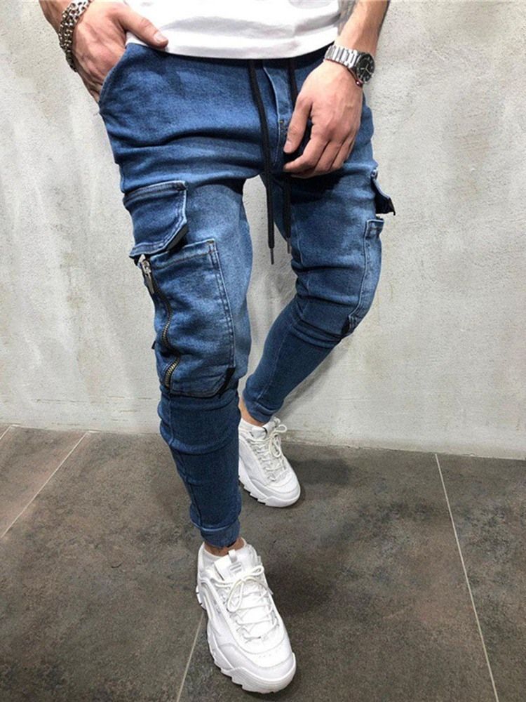 Jeans Pour Hommes De Style Décontracté À Lacets Avec Poches Et Blocs De Couleurs