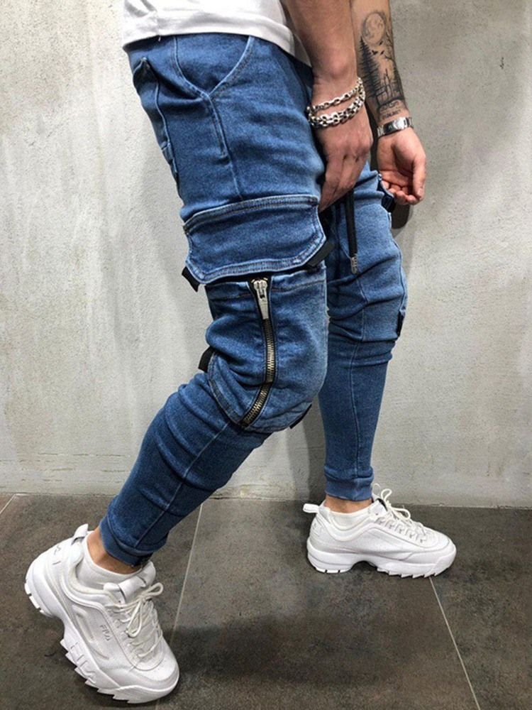 Jeans Pour Hommes De Style Décontracté À Lacets Avec Poches Et Blocs De Couleurs