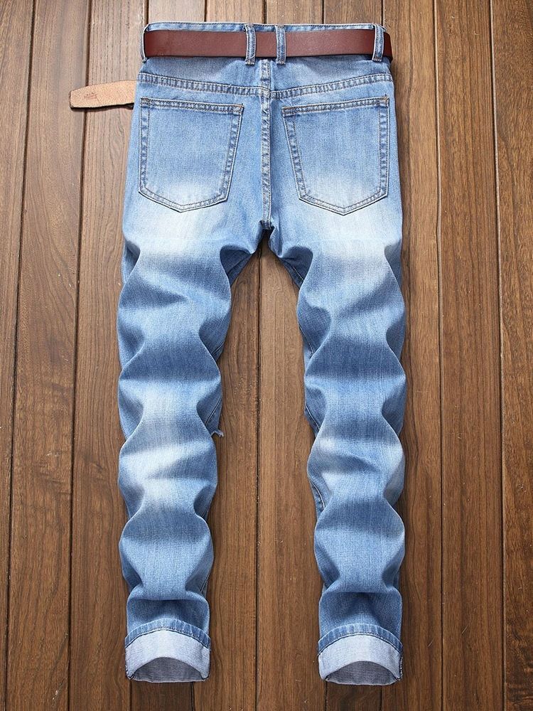 Jeans Pour Hommes À Taille Moyenne Et À Fermeture Éclair À Trou Uni