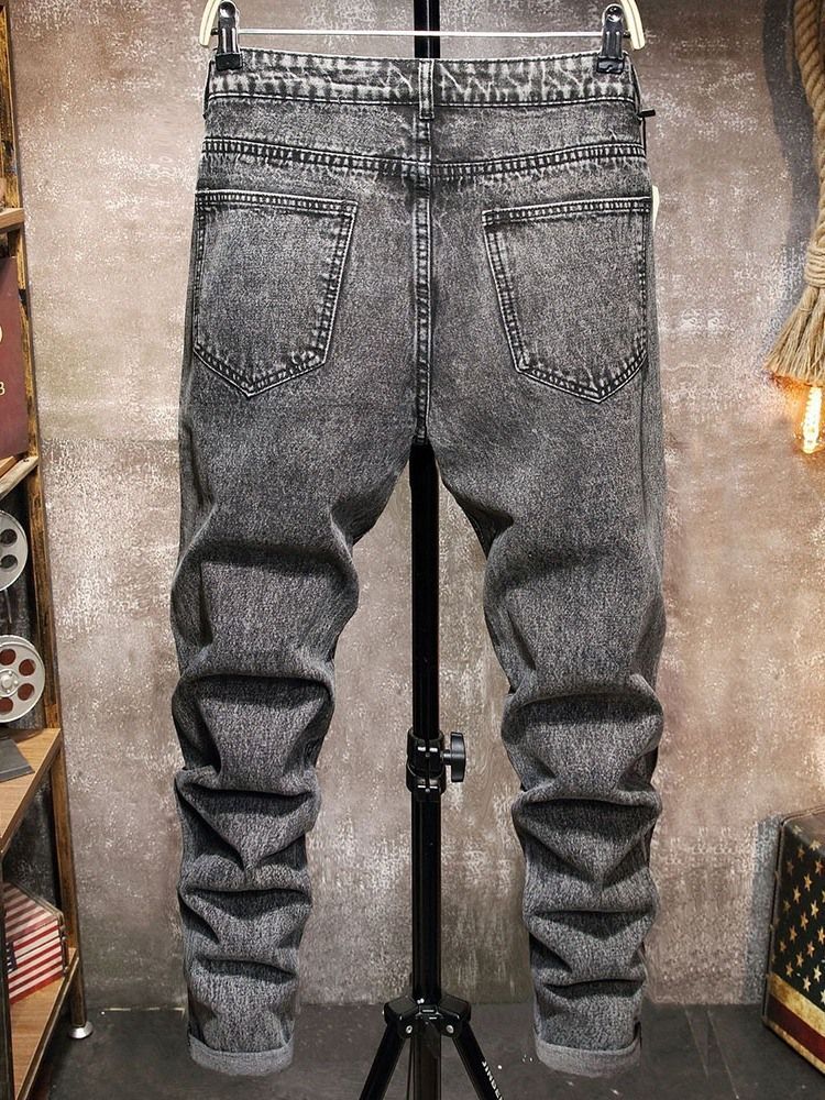 Jeans Pour Hommes À Taille Moyenne Et À Fermeture Éclair Unie À Trou