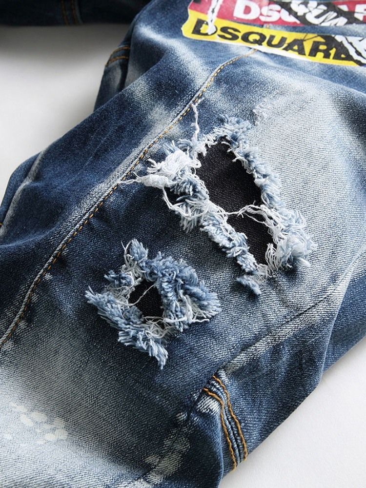 Jeans Pour Hommes À Taille Moyenne Et Lettre Usée Droite