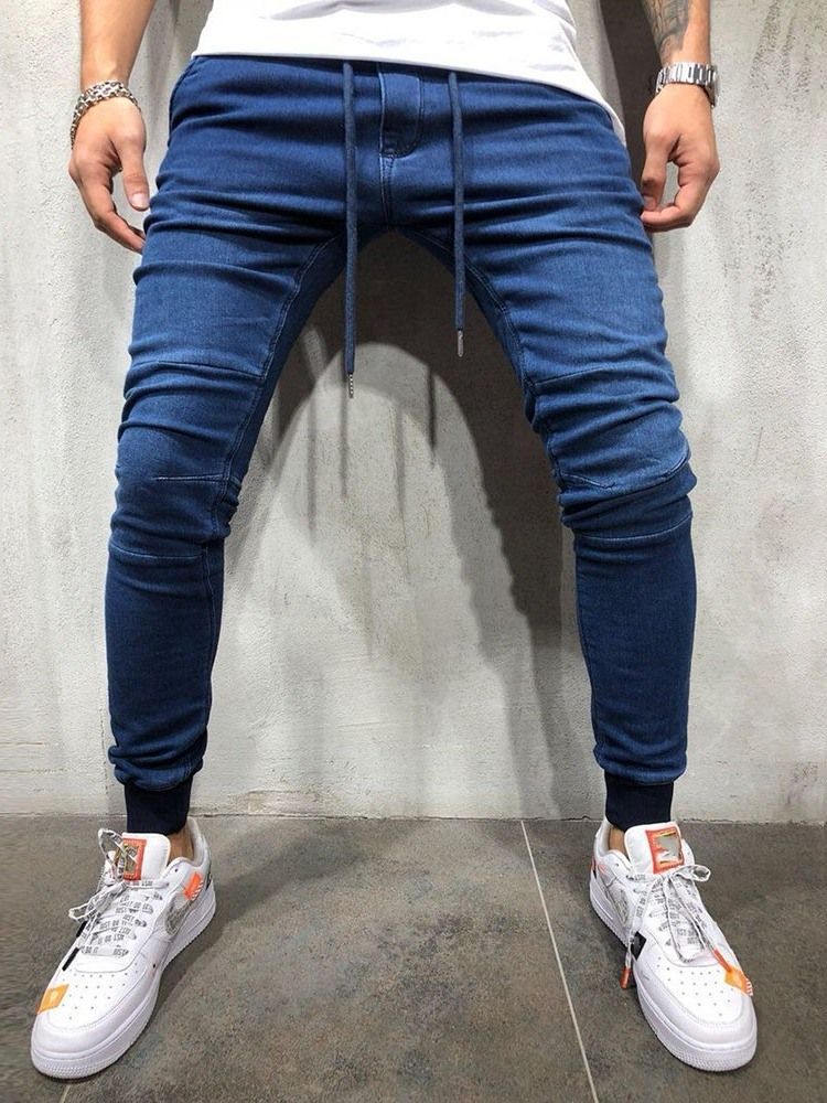 Jeans À Lacets Pour Hommes Taille Basse Unie