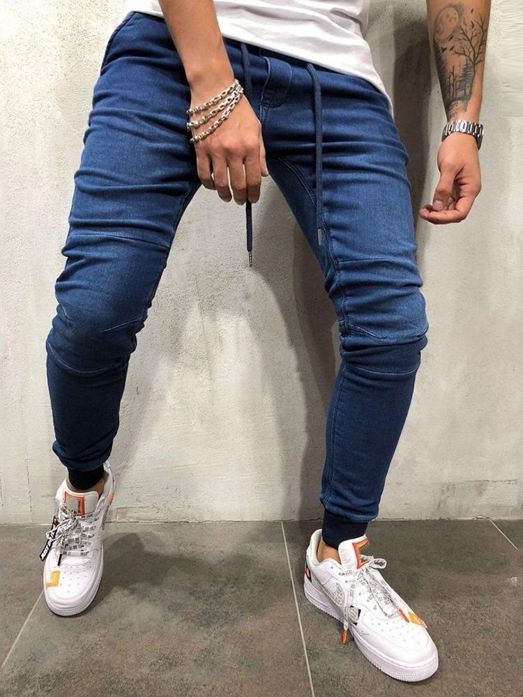 Jeans À Lacets Pour Hommes Taille Basse Unie