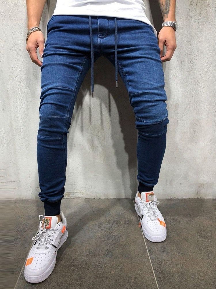 Jeans À Lacets Pour Hommes Taille Basse Unie