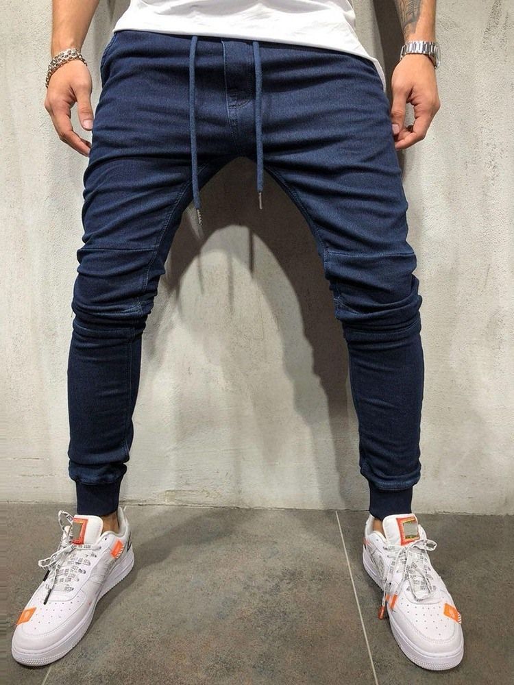 Jeans À Lacets Pour Hommes Taille Basse Unie