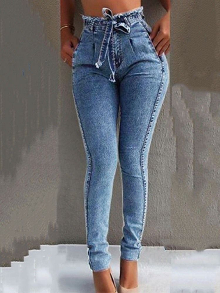 Jeans À Lacets Unis À Taille Haute Pour Femmes