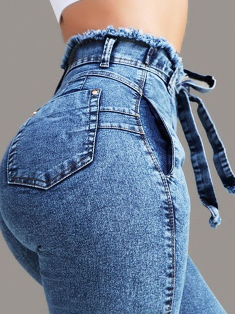 Jeans À Lacets Unis À Taille Haute Pour Femmes