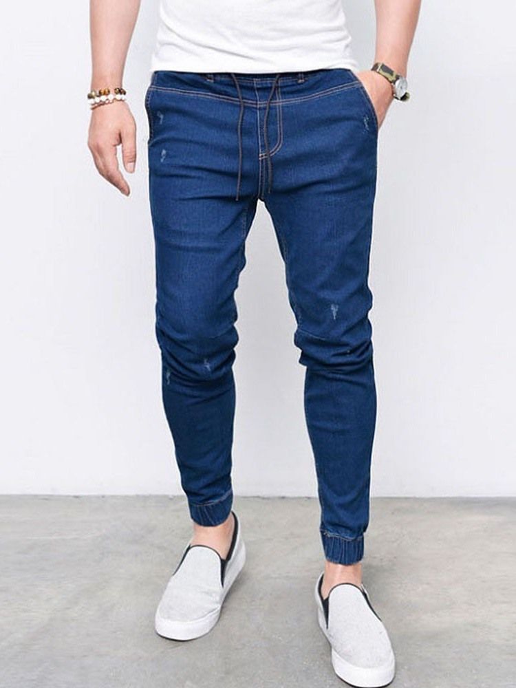 Jeans À Lacets Unis Taille Moyenne Pour Hommes