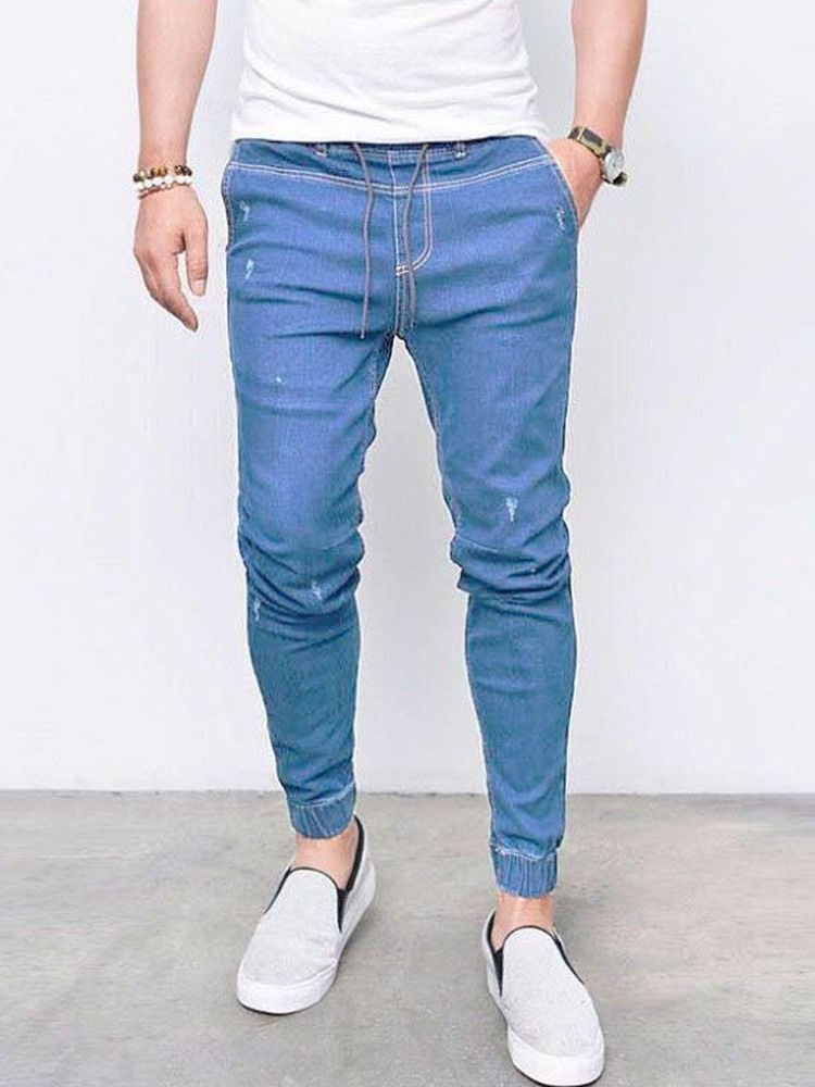 Jeans À Lacets Unis Taille Moyenne Pour Hommes