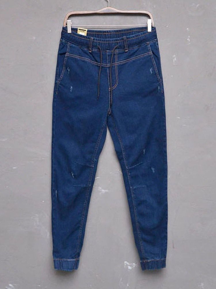 Jeans À Lacets Unis Taille Moyenne Pour Hommes