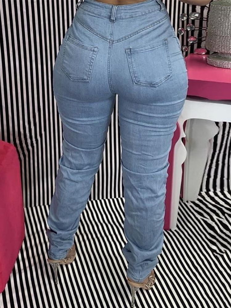 Jeans Plissés Unis À Taille Moyenne Et Fermeture Éclair Pour Femmes