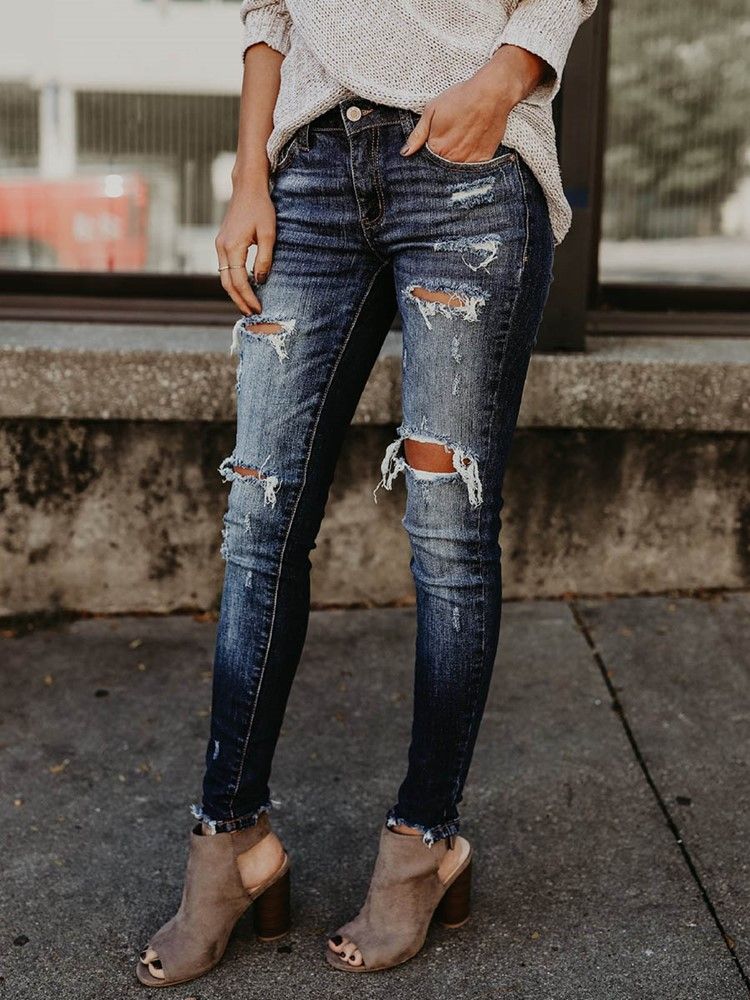 Jeans Skinny Déchirés En Denim Pour Femmes