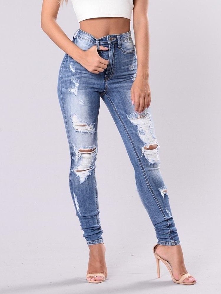 Jeans Slim Lavables Déchirés Unis Pour Femmes