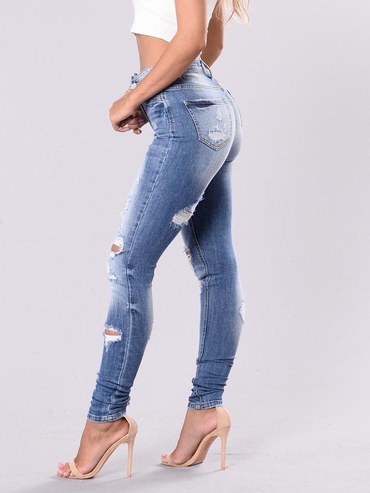 Jeans Slim Lavables Déchirés Unis Pour Femmes