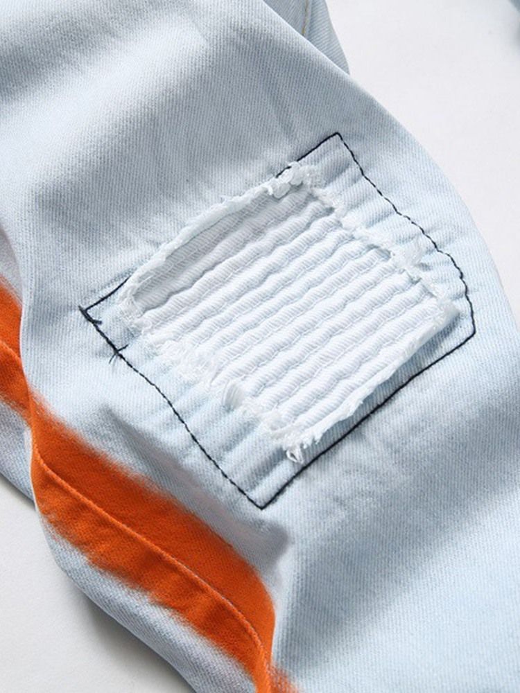 Jeans À Taille Moyenne Avec Fermeture Éclair À Blocs De Couleur Et Trou Pour Hommes