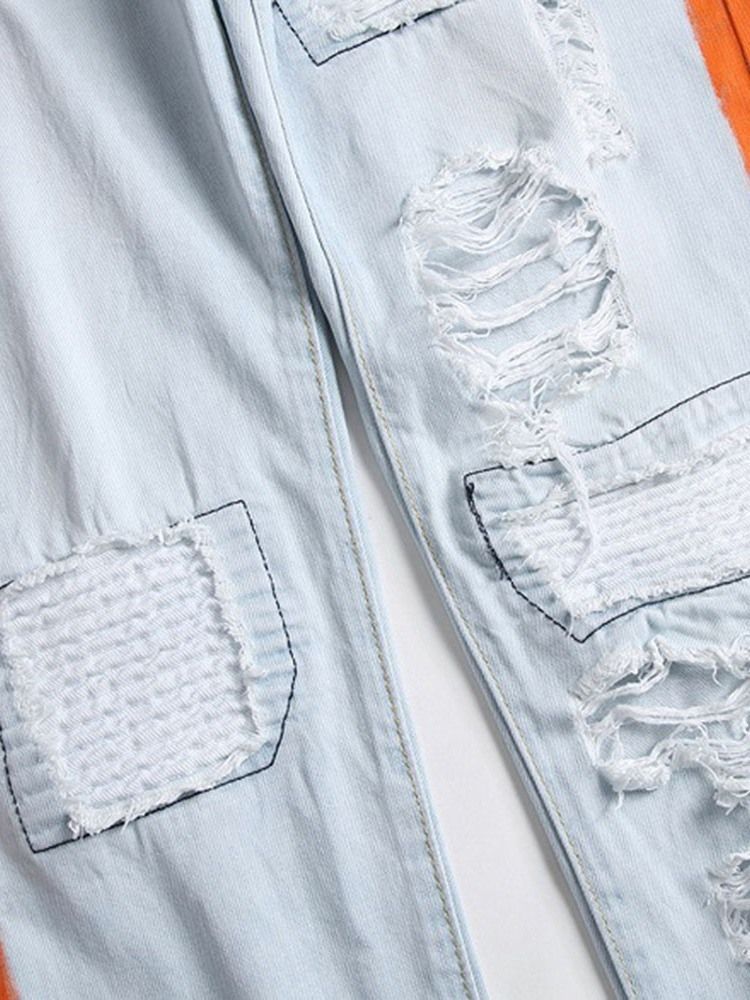 Jeans À Taille Moyenne Avec Fermeture Éclair À Blocs De Couleur Et Trou Pour Hommes