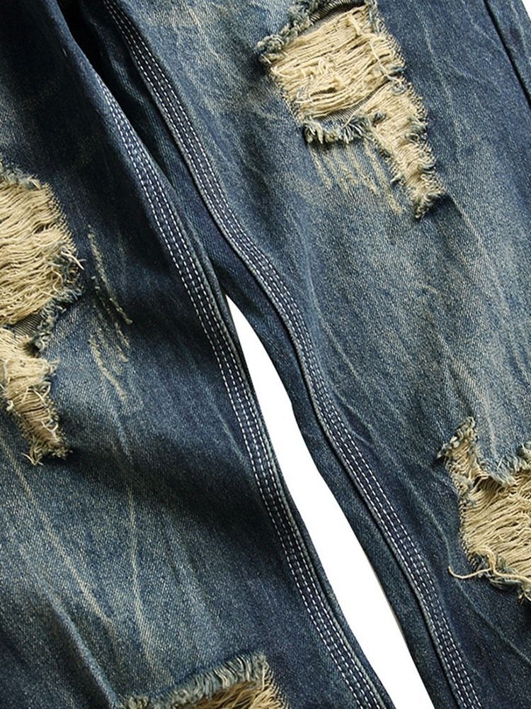 Jeans Taille Moyenne À Fermeture Éclair À Trou Droit Pour Hommes