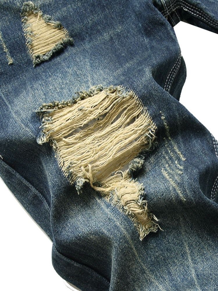 Jeans Taille Moyenne À Fermeture Éclair À Trou Droit Pour Hommes