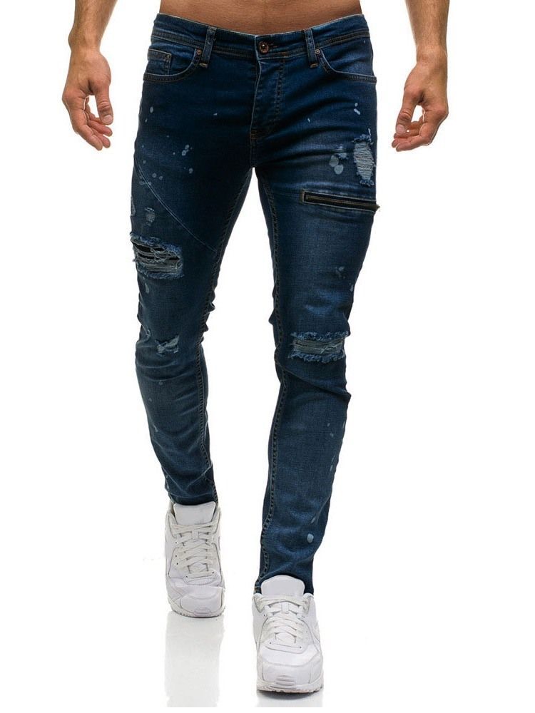 Jeans Taille Moyenne À Fermeture Éclair Unie Pour Hommes