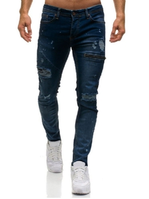 Jeans Taille Moyenne À Fermeture Éclair Unie Pour Hommes